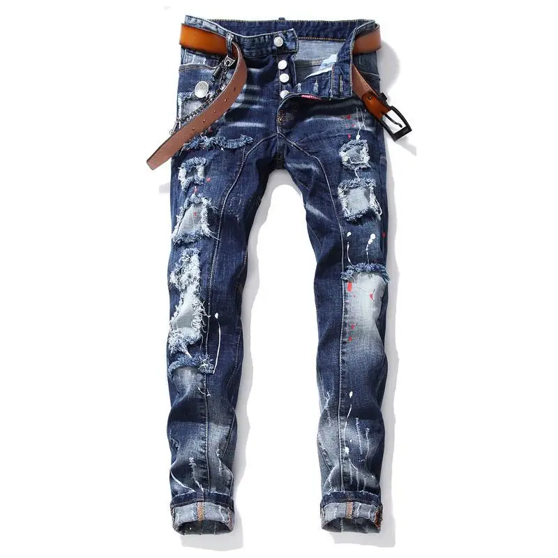

New Men's Moto Jeans Slim Fit Straight Denim Pants Distressed Trousers Ripped Skinny Jeans