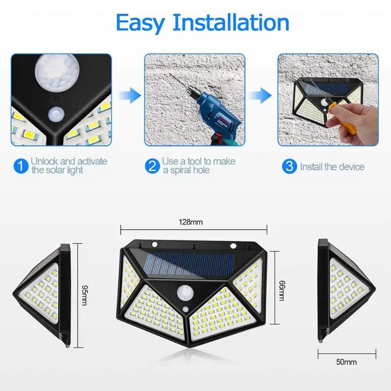 100/114LED 4-стороннее Солнечный PowerLight 3 режима 120 градусов угол движения Сенсор стенная солнечна лампа на открытом воздухе Водонепроницаемый шланг для полива огорода, двора, лампы