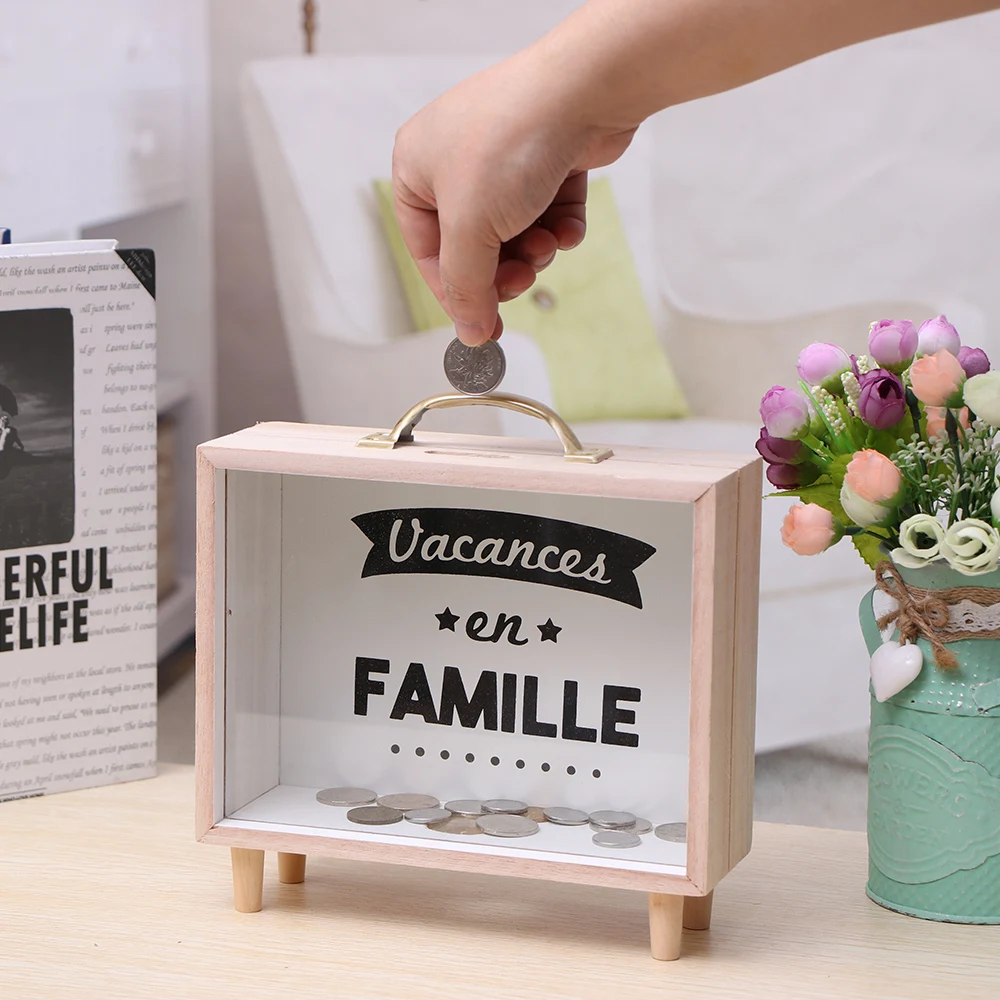 Деревянная копилка монета банка контейнер для денег дома прозрачная винтажная