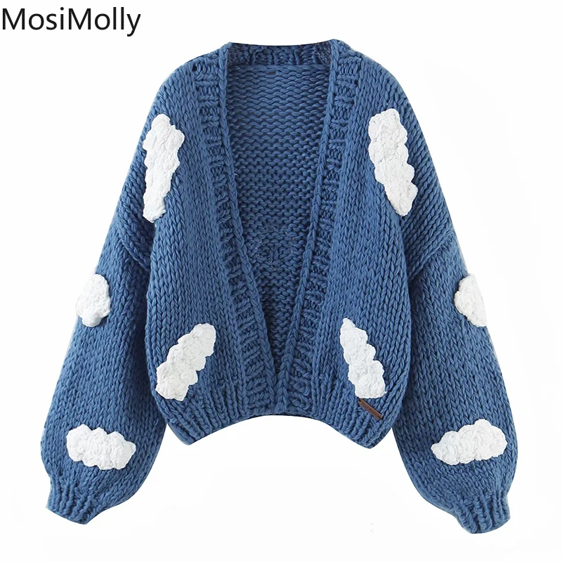 

MosiMolly Sky Blue White Clounds Patchwork Sweater Cardigan Open Stich Knitting Outerwear Coats Jacket