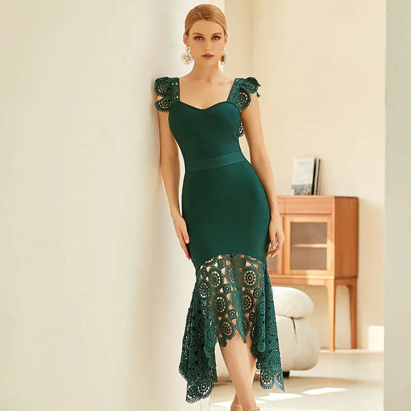 

Free Shipping High Quality Green Spaghetti Strap Lace Sleeveless Rayon Bandage Dress Elegant Club Party Dress