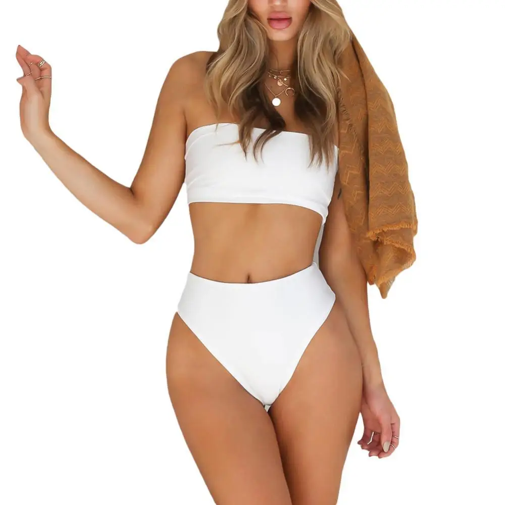 

2021 Sexy High Waisted Strapless Boob Tube Top Bikini Set Swimsuit Two Pieces Solid Swimwear Beachwear Women's Biquini