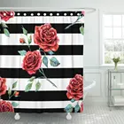 Занавеска для душа с розовыми цветами и акварельным узором, розовая, красная, полосатая, черная, белая, водонепроницаемая Полиэстеровая ткань, Комплект 72x78 дюймов