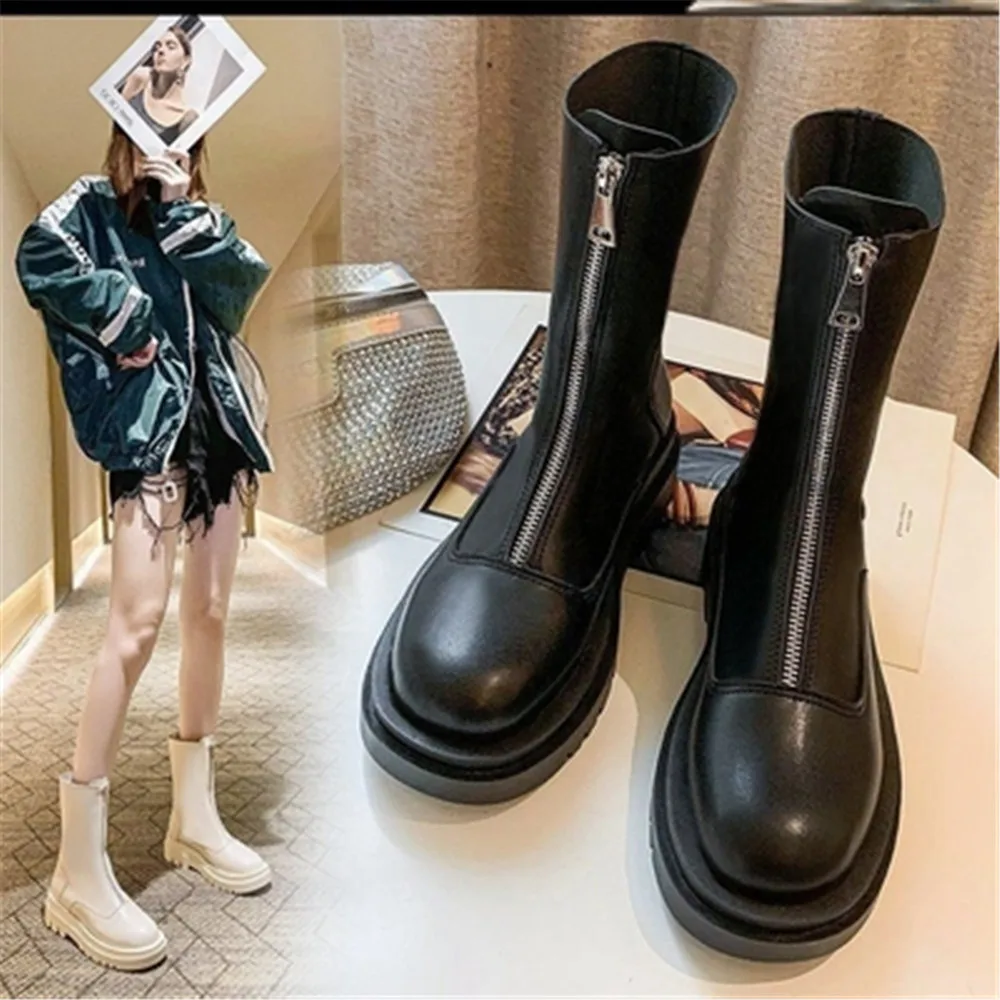 

WHNB 2021 New Front Zipper Chunky Platform Women's Boots Solid Black Beige Boots Women Round Toe High Heel Ankle Boots For Women