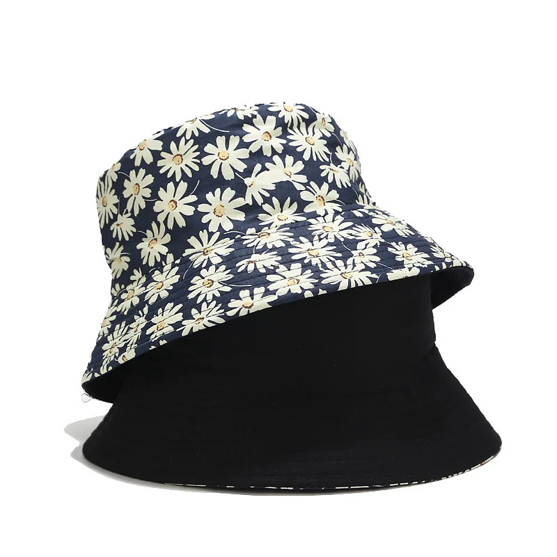 

New Reversible Daisy Pattern Bucket Hats For Mens Women Summer Black Floral Sun Hat Gorras Outdoor Fisherman Hip Hop Caps Panama