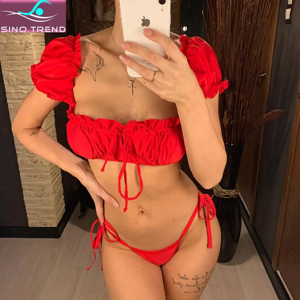 

SINO.TREND Sexy Short Sleeve Brazilian Bikini Swimsuit Solid Female Women Tankini Swimwear Two-pieces Bikini set Lace Up Bather