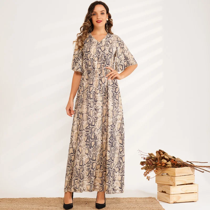 

Женское длинное свободное платье-трапеция, платье с принтом, эластичным поясом, расклешенными рукавами и V-образным вырезом, лето