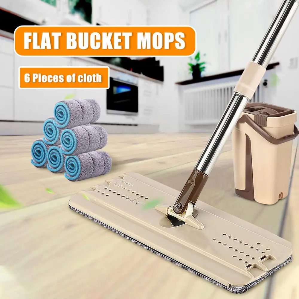 with 6pcs Mop Плоская сжимающаяся половая тряпка прядения с ведром многоразовая микрофибра колодки ткань без рук отжима дома насадки для швабры - Цвет: with 6pcs Mop