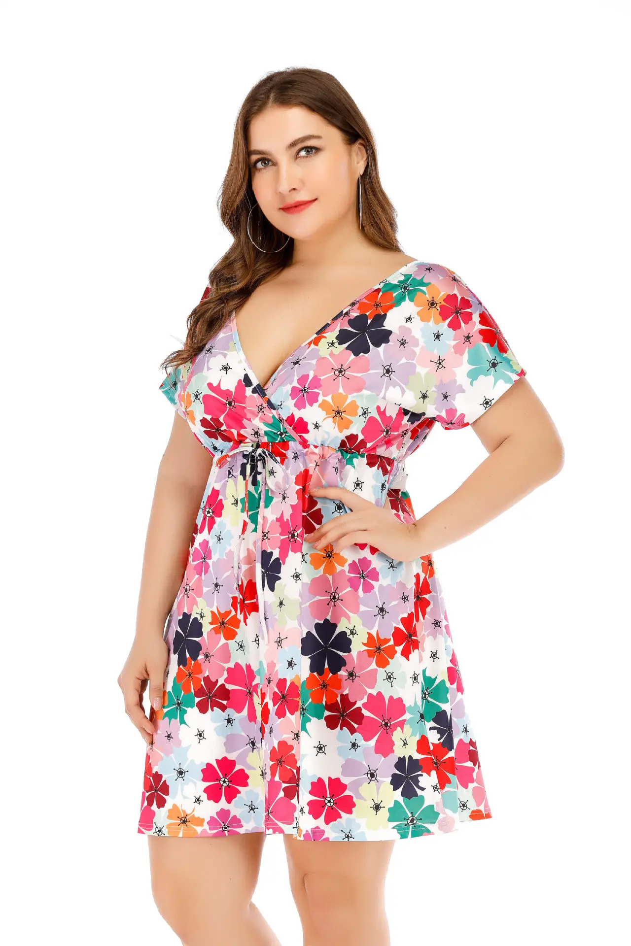 

Summer Women's Clothing Fashion V-neck Short Sleeve Print XL To 5XL Plus Size Dresses High Waist Club Party Dress TA8537