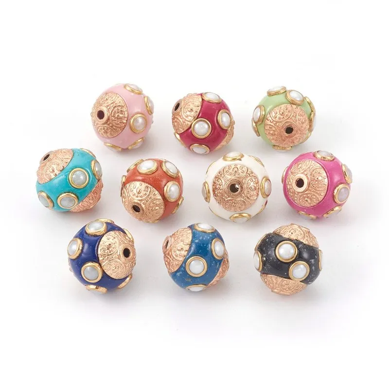 

5pc Mixed Color Handmade Indonesia Beads Round with Metal Findings Hole: 1.6mm For DIY Jewelry Making Bracelet Necklace