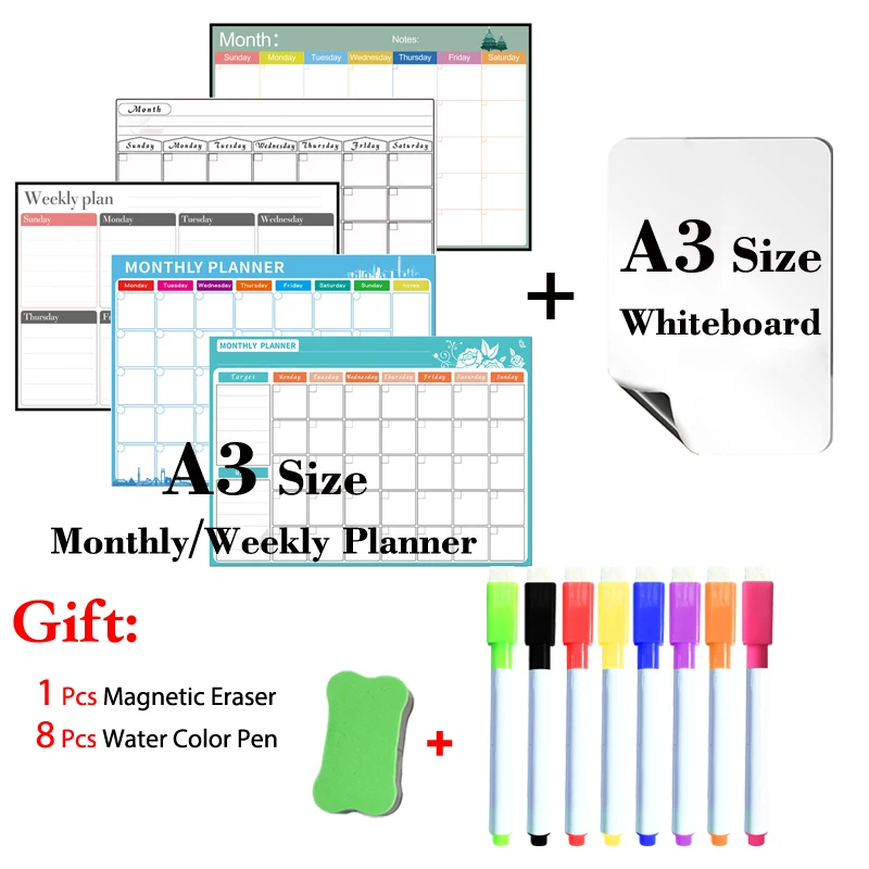 

2PC Magnetic Weekly Planner Table and Magnetic Whiteboard Dry Erase Calendar Fridge Sticker Message Board 8 Colors Marker Pen