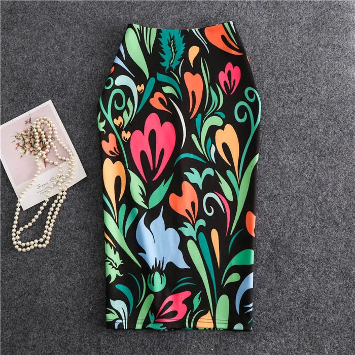 Женские юбки до колена повседневные карандаш с цветочным принтом размера плюс