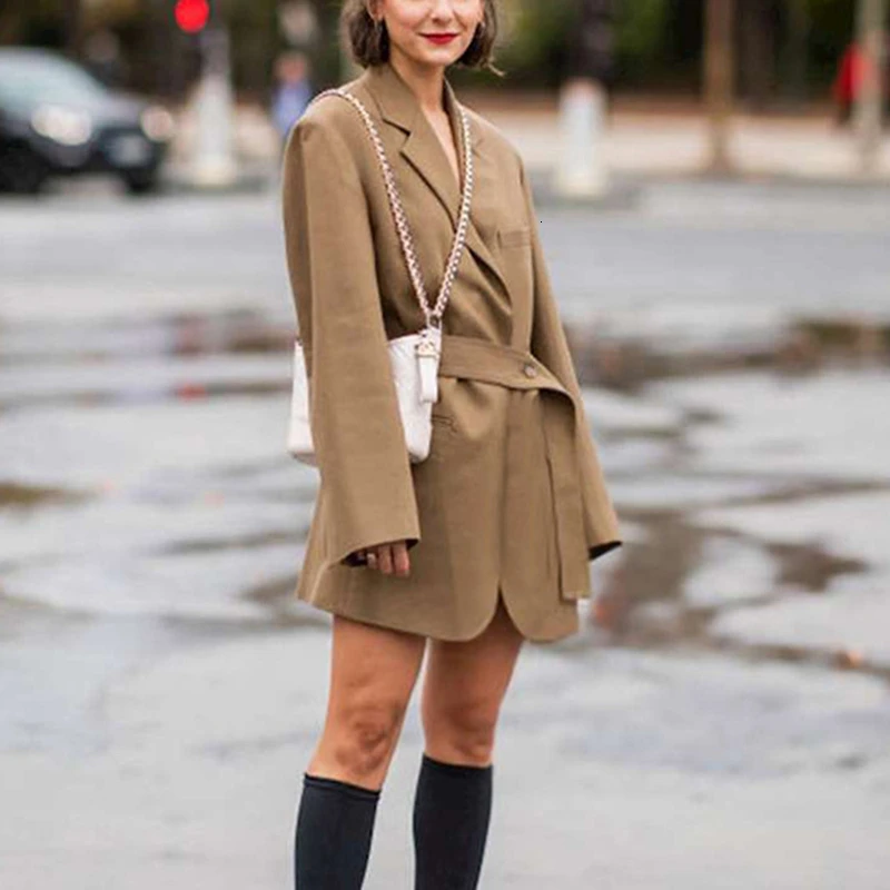khaki TWOTWINSTYLE Элегантный комплект из двух предметов женский воротник с лацканами длинный рукав на шнуровке хит цвет блейзеры Высокая талия с поясом костюмы женские - Цвет: khaki