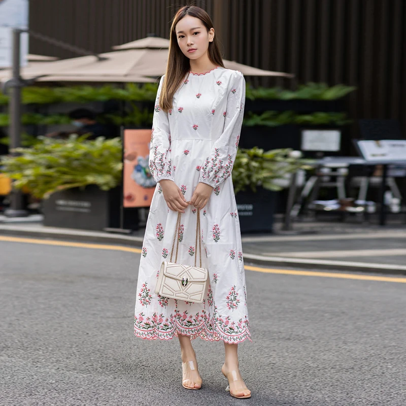 

Long Dress Spring New Women'S Flower Embroidery Long Sleeve Holiday Casual Party White Fashion Elegant Dresses
