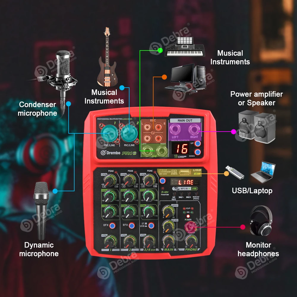 Профессиональный 4 канальный портативный цифровой аудио микшер PR4 консоль с 16