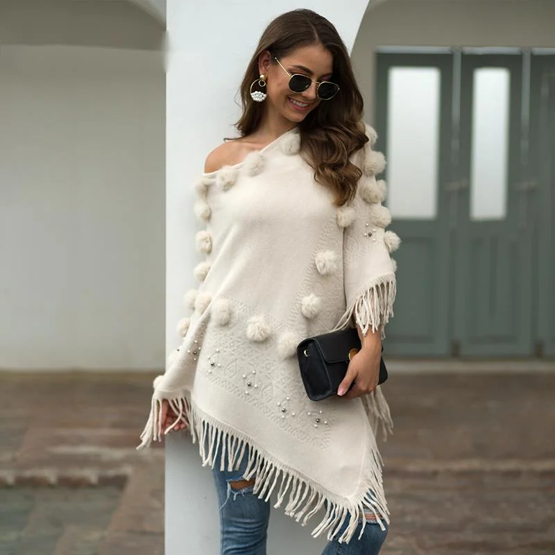 

Jersey de punto con flecos y Bola de Pelo para mujer, ropa de invierno de gran tamaño, Poncho Irregular, capa