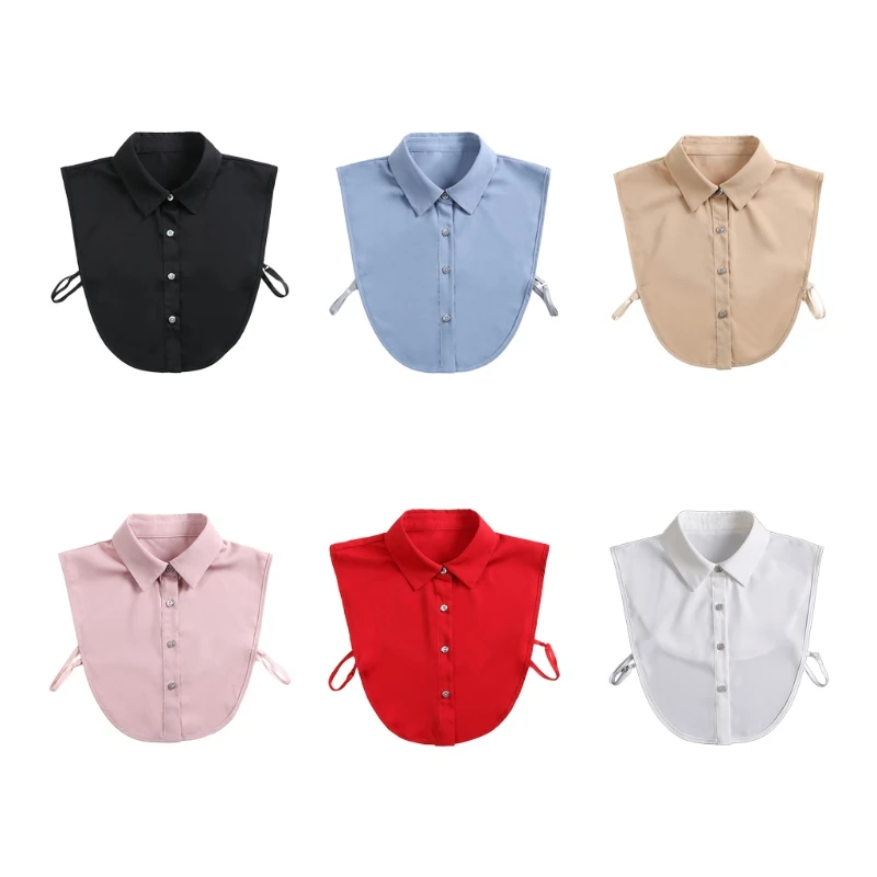 

85WB Korean Style Office Lady Faux False Collar Detachable Dickey Blouse Simple Solid Color Button Down Work Lapel Half Shirt