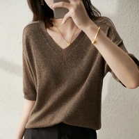2022 ice silk v neck short sleeved sweater bottoming shirt womens sweater loose thin solid color pullover spring summer