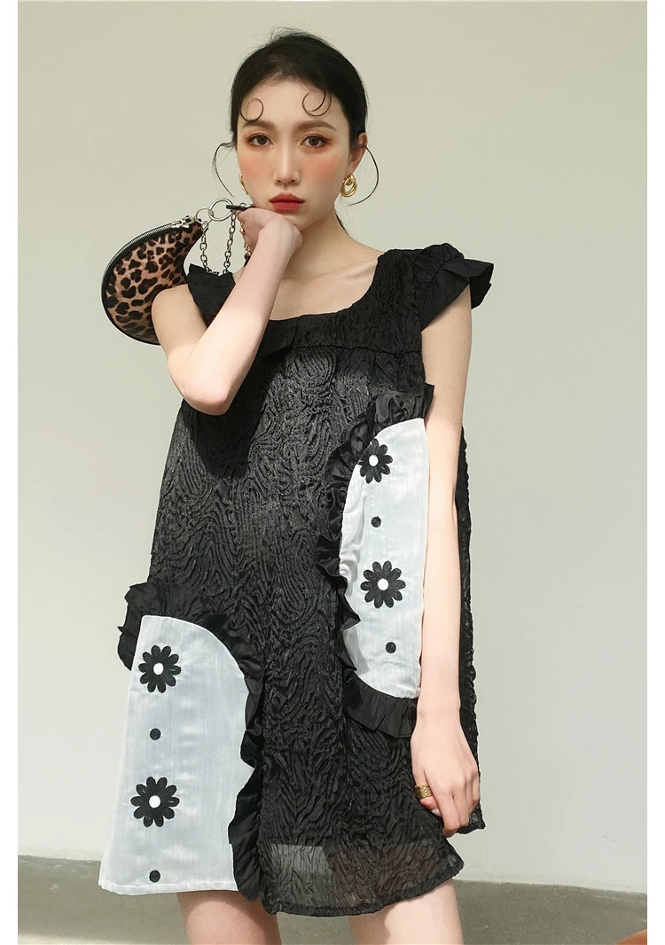 

2021 New Dark girl summer wind asymmetric embroidered falbala fold fabric sleeveless Mini dress black and white Girly Style
