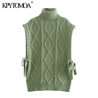 kpytomoa women 2021 fashion with bow tied cable knit vest sweater vintage high neck sleeveless female waistcoat chic tops