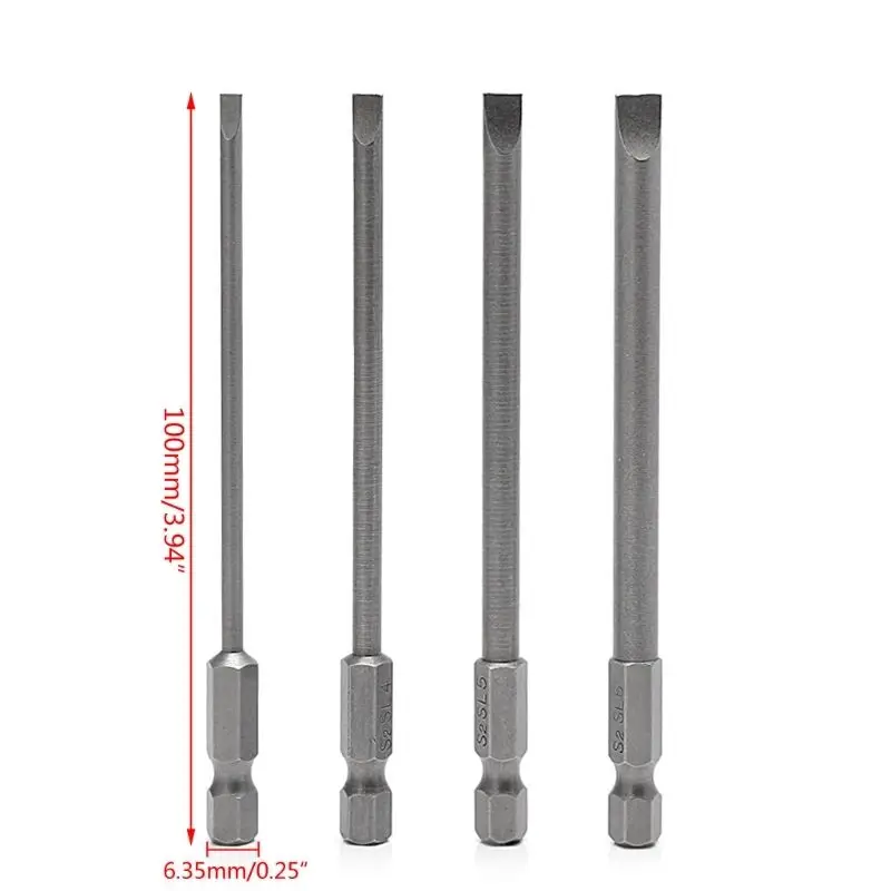 

4Pcs 100mm Slotted Screwdriver Bit 3mm-6mm S2 Magnetic Flat Head 1/4" Hex Shank