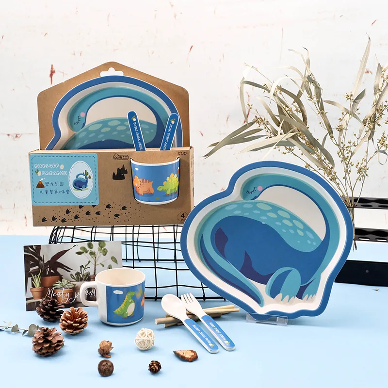 Cartoon creative bamboo fiber children's tableware set dinosaur baby Dishes kids dinner plate feeding training bowl fork spoon | Мать и