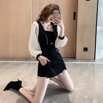 

Early autumn new style female small figure high waist double breasted shorts suit shows thin temperament two piece early autumn