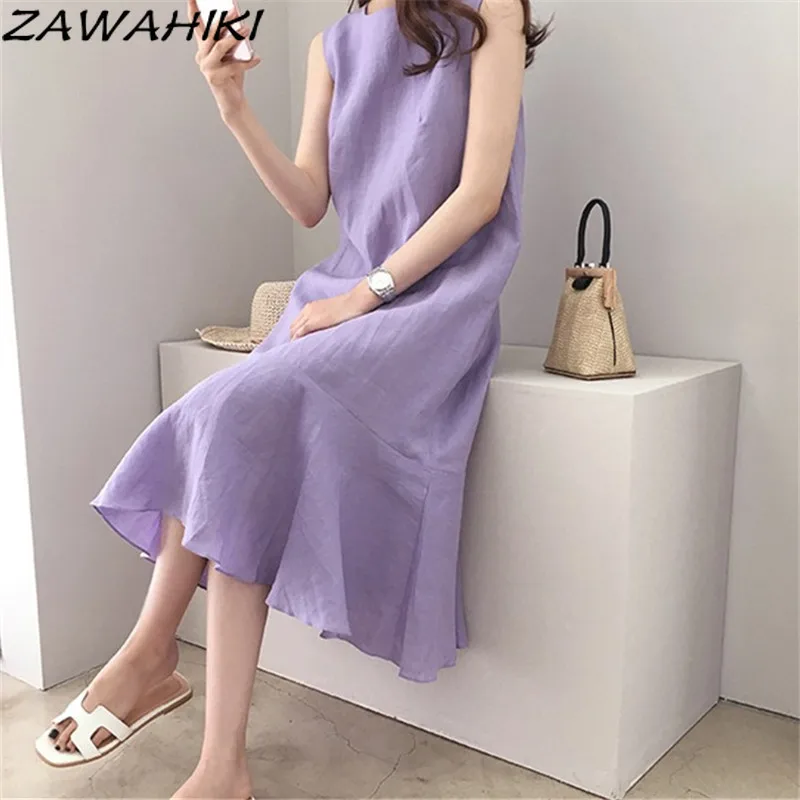 

ZAWAHIKI Sleeveless Solid Straight Dresses O Neck Summer 2021 Korean Fashion Vestidos De Mujer Plus Size Casual Harajuku Dress