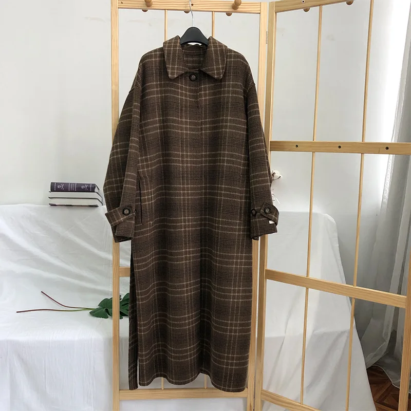 

End 2020 New Handmade High Korean Lacing Belt Loose Plaid Double Sided Single Breasted X-Long Cashmere Jacket Women Wool Coat