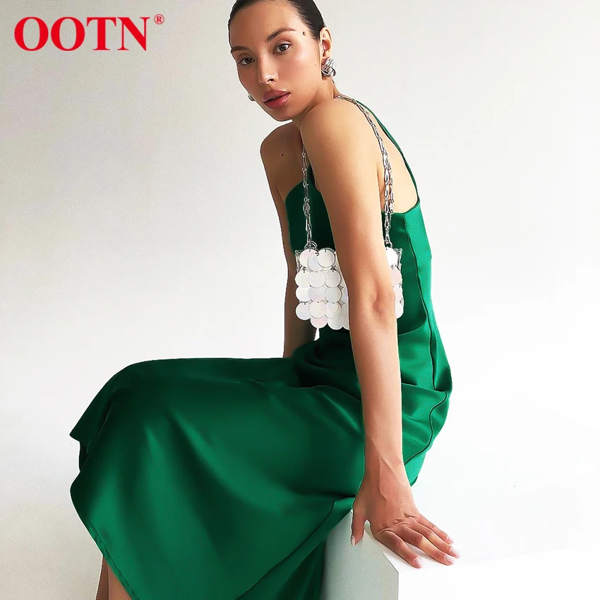 

OOTN Green Off Shoulder Summer Dresses Ladies Elegant Satin Midi Long Sundress Women Sexy Sleeveless Party Dress Evening Silk