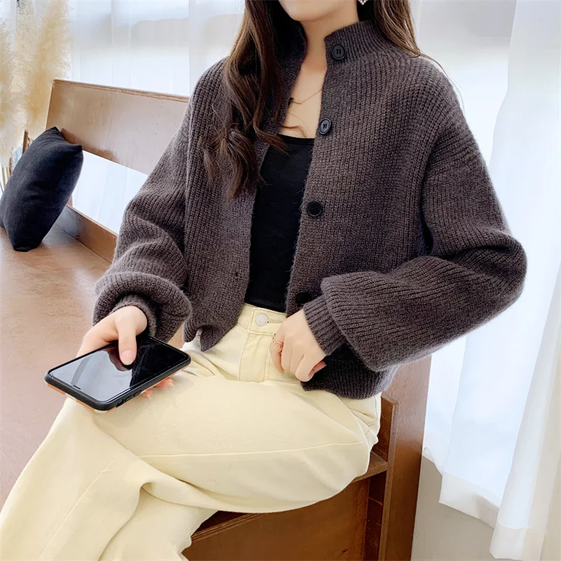 

2021 Women Winter Knit Short Sweater Coat Mock Neck Cardigans Christmas Thick Sweaters Warm Knitwear Sueter Mujer Jacket Purple