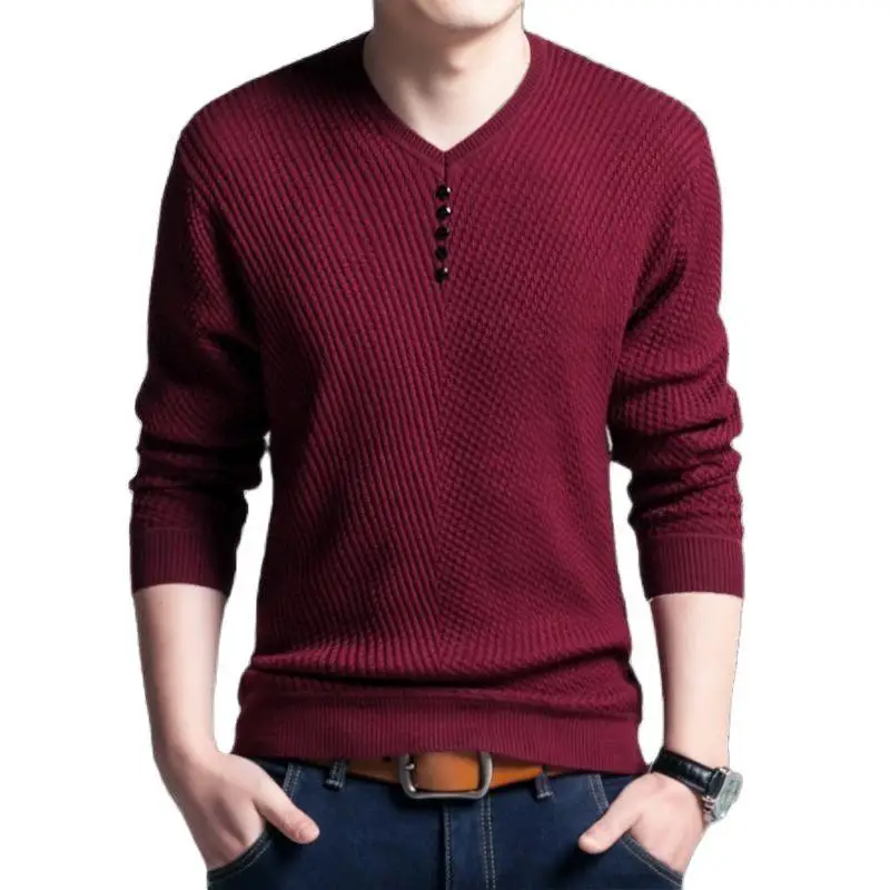 

2021 Fashion Spring Autumn V-Neck Pullover Sweater Men Slim Fit Long Sleeve Shirt Man Wool Robe Pull Homme Knitted Sweaters
