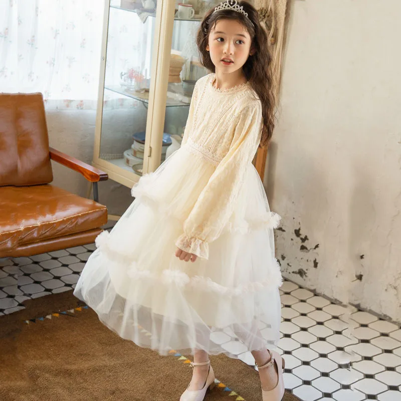 

Новинка 2021, весеннее кружевное детское платье для подростков, детские платья с длинным рукавом для девочек, осенняя одежда для маленьких де...