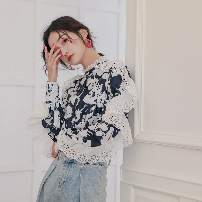 

Women Printing Lace Blouse New Arrivals Stand Long Sleeve Loose Fit Shirt Fashion Tide Autumn Summer 2021 E987