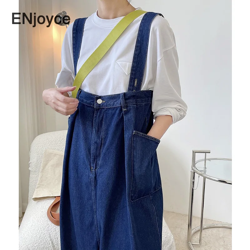 Vintage Blue Adjustable Strap Jeans Loose Jumpsuit Women Japan Style Casual Design Denim Cargo Playsuit Suspender Jump Suits