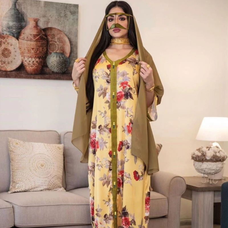 

2021 Summer New Ladies Printed Long Lace Dress Middle East Dubai Abaya Muslim Kaftan Dress Libya Middle East Ramadan Robe