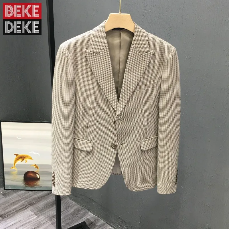 

Business Casual Single Breasted Plaid Blazer Men Vintage Slim Fit Suit Jacket Long Sleeve Spring Autumn Fashion Outerwear Male