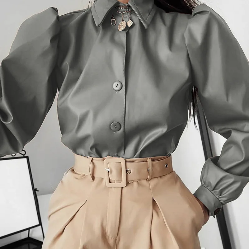

2020 New Puff Sleeve Vintage Women Shirts Blouses Single-Breasted Turn Down Collar Ladies Blouses Manches Bouffantes
