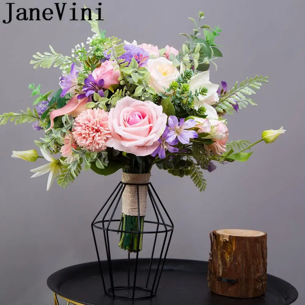 

JaneVini Romantic Pink Purple Wedding Flowers Bridal Bouquets Silk Rose Western Wedding Bohemian Bride Brooch Bouquet De Mariage