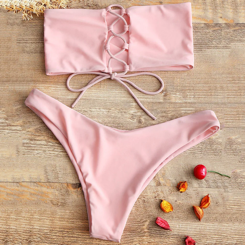 ZAFUL Bikini Set Strapless Unlined Back Lace-Up Bandeau Top And Low Rise Swim Bottoms Women Waisted Padded Beach Swimwear | Женская