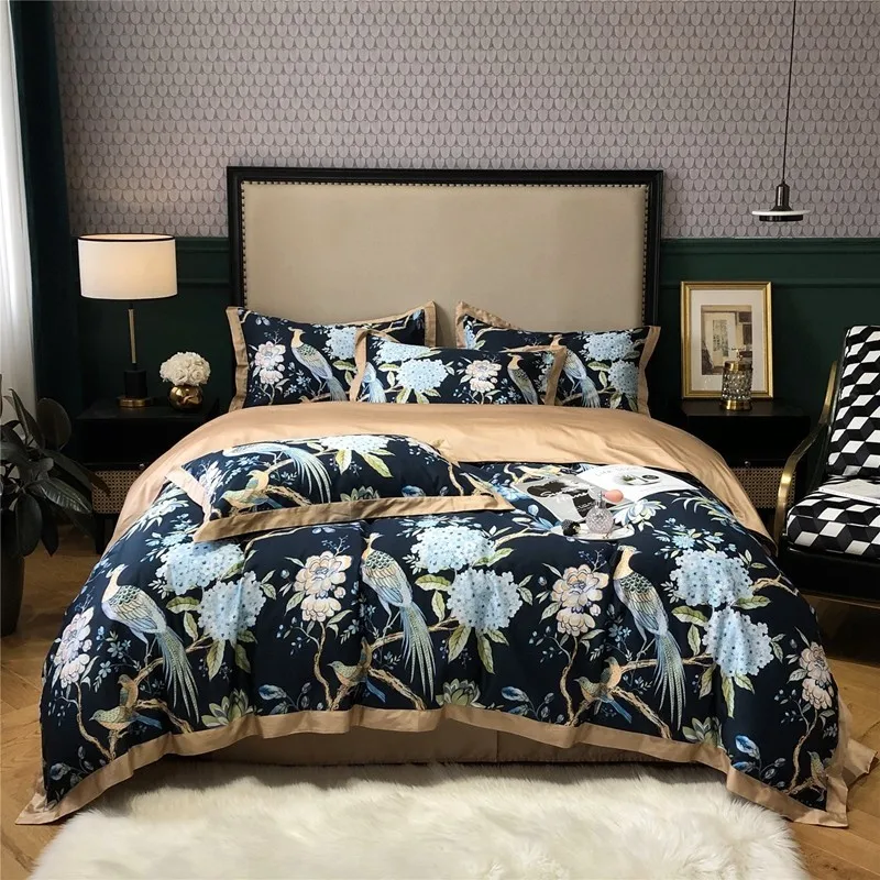 

Chinoiserie Chic Birds Floral Duvet Cover Paisley Vintage Style Egyptian Cotton Soft 4Pcs Bedding set Bed Sheet Pillowcases