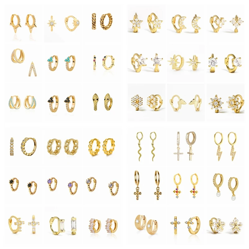

KOJ Small Round Hoops Earrings Women 925 Sterling Silver Colorful Cross Stars Moon Gold Earings Korean Boucle D’oreille Jewelry