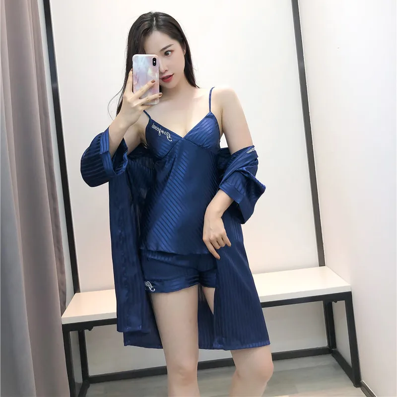 

Spring Autumn Women Silk Pajamas Sets With Chest Pads Striped Print Pijama Sleepwear 4 Pieces Spaghetti Strap Satin Pyjamas Sets