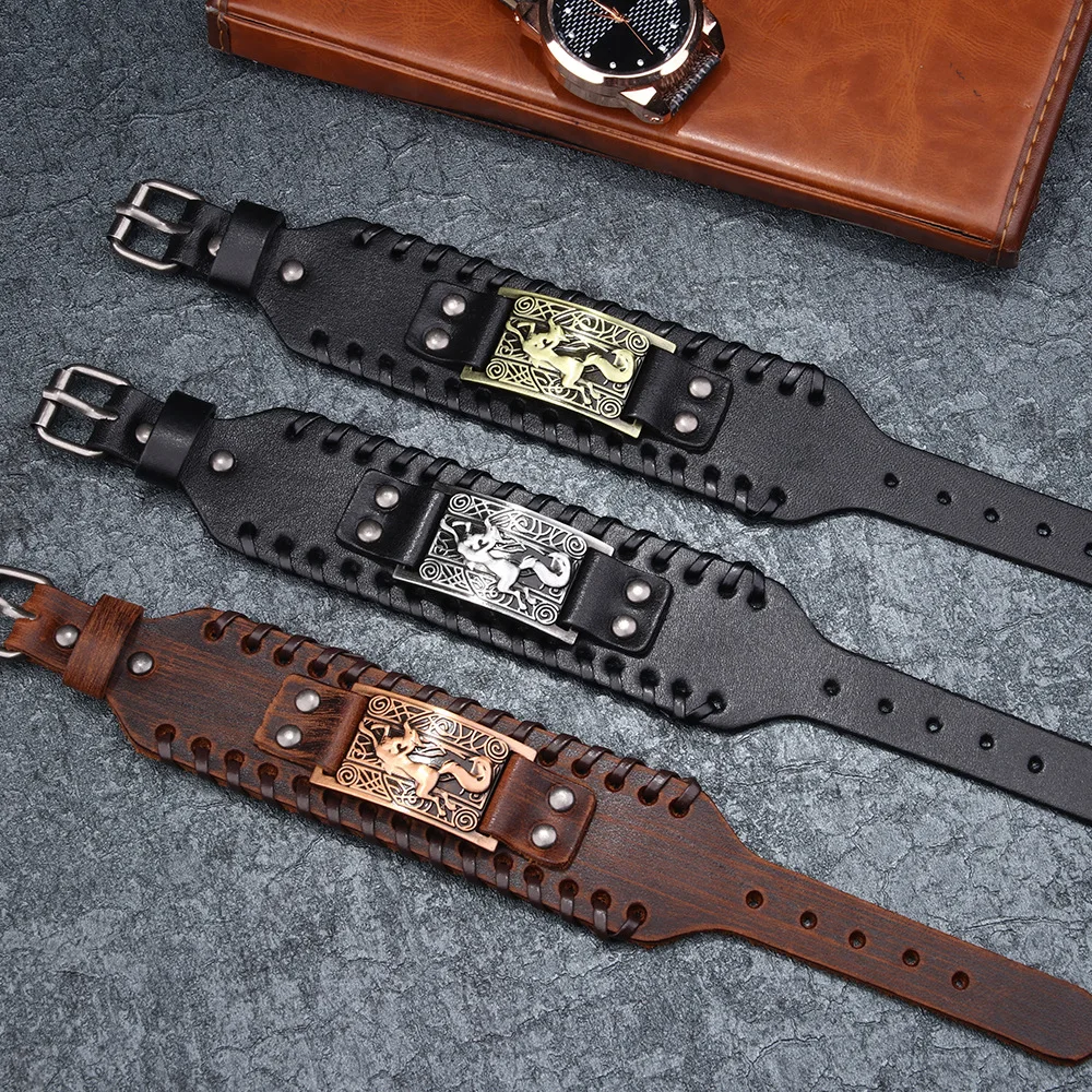 

Nordic Viking Symbol Fox Pattern Bracelet Men's New Fashion Metal Leather Woven Jewelry Animal Accessories Party Gift