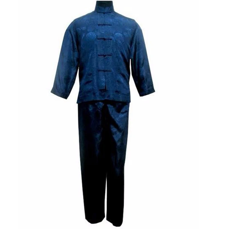 Китайский Мужской Атласный Костюм кунг-фу темно-синий традиционный мужской
