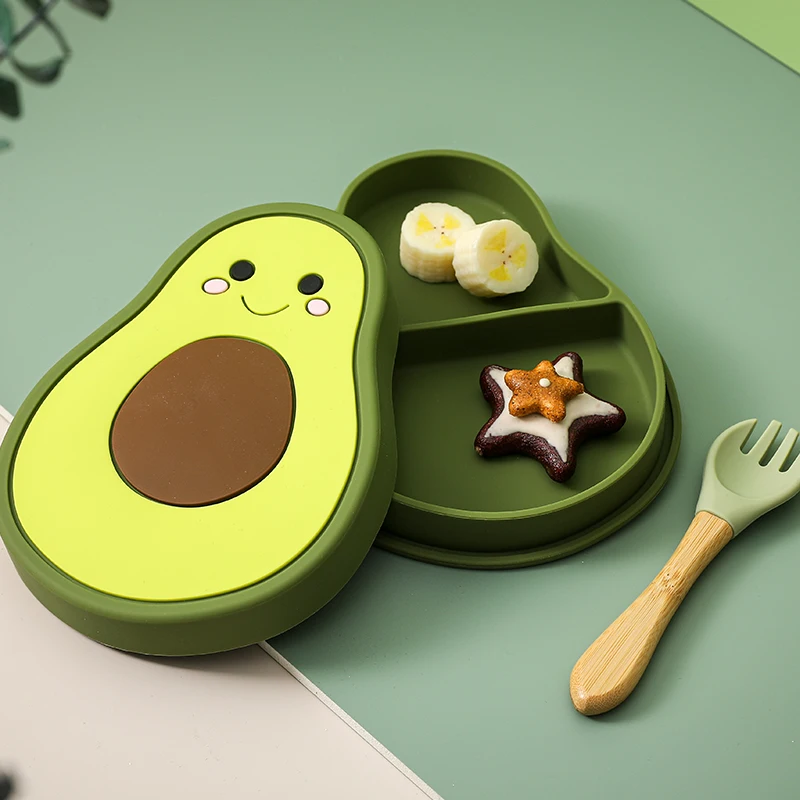 Baby Dishes Silicone Suction Plate Avocado Children Feeding Plate Non-Slip Training Tableware Baby Food Feeding Bowl For Kids