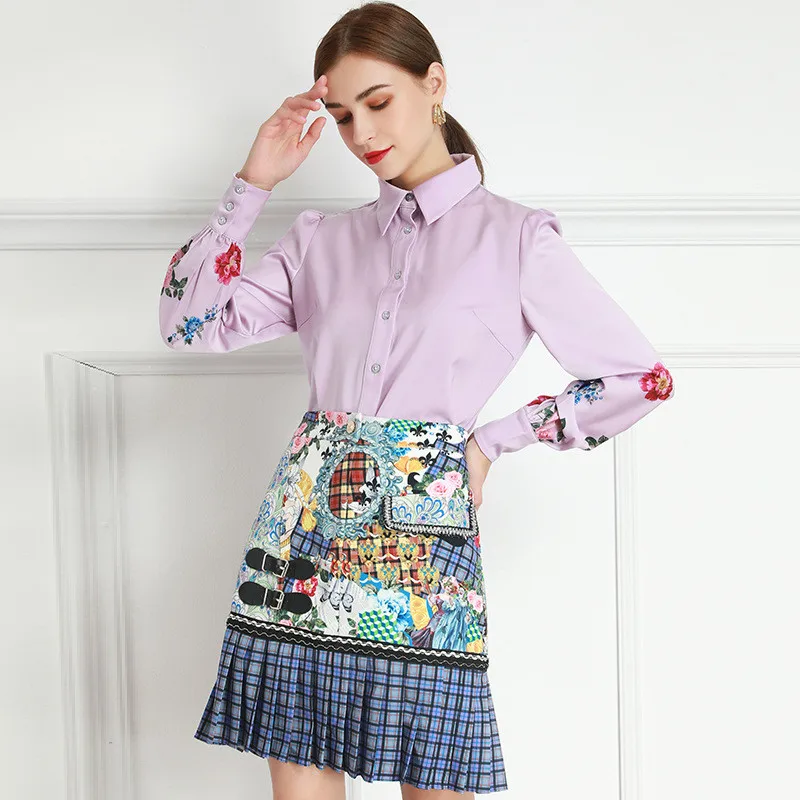 

High Quality Fashion Spring Women 2 Piece Outfits Elegant Lady Vintage Party Suit Long Sleeve Purple Blouse and Print Skirt Set