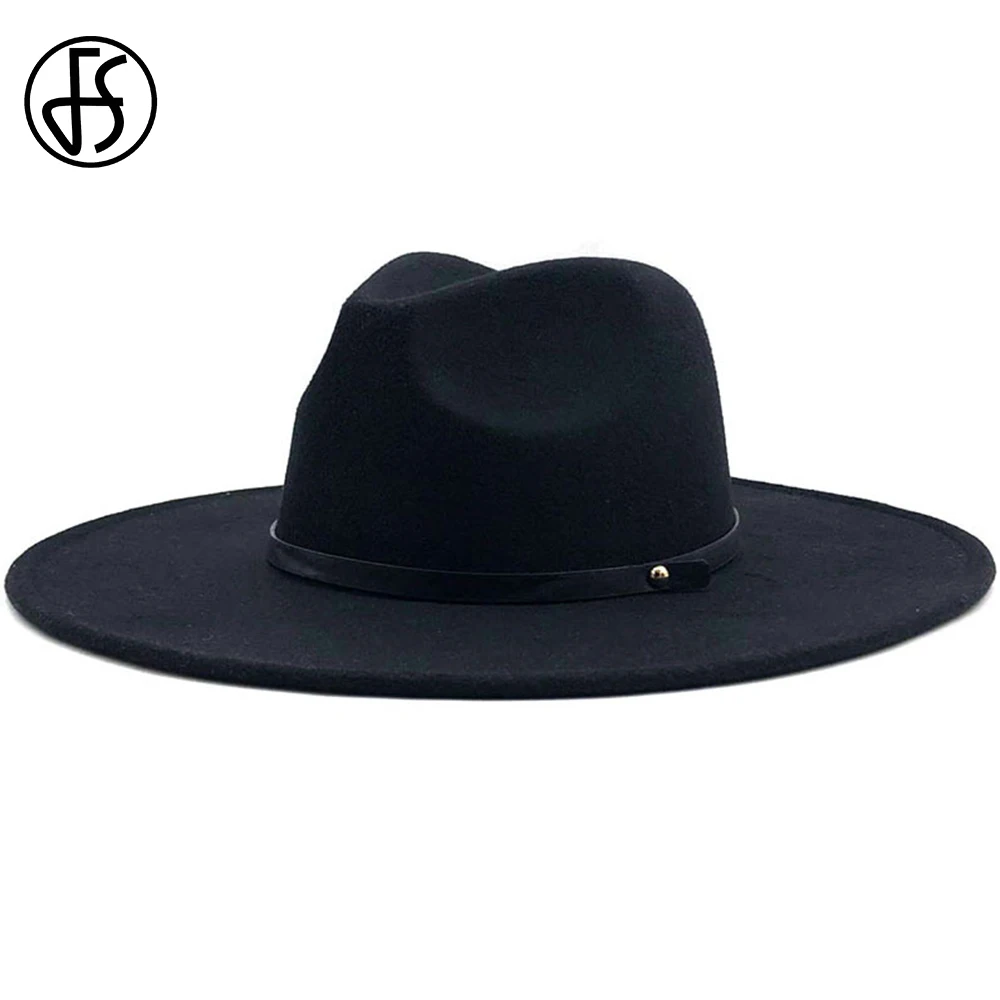 

FS Winter Big Brim Wool Fedora Hat Men Bowler Hats With Belt Women Trilby Felt Cap Church Godfather Panama Caps Chapeu Feminino