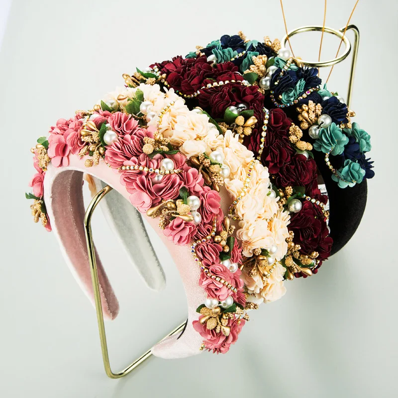 

Handmade Rose Flower Crown Headbands Crystal Baroque Hairbands For Women Headpiece Wedding Prom Hair Jewelry