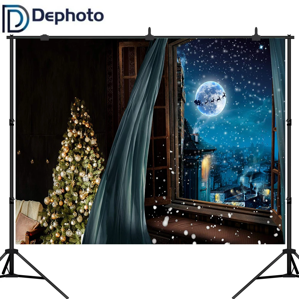 Dephoto Рождественская вечеринка фоны фотостудия Дерево Санта Клаус окно синий
